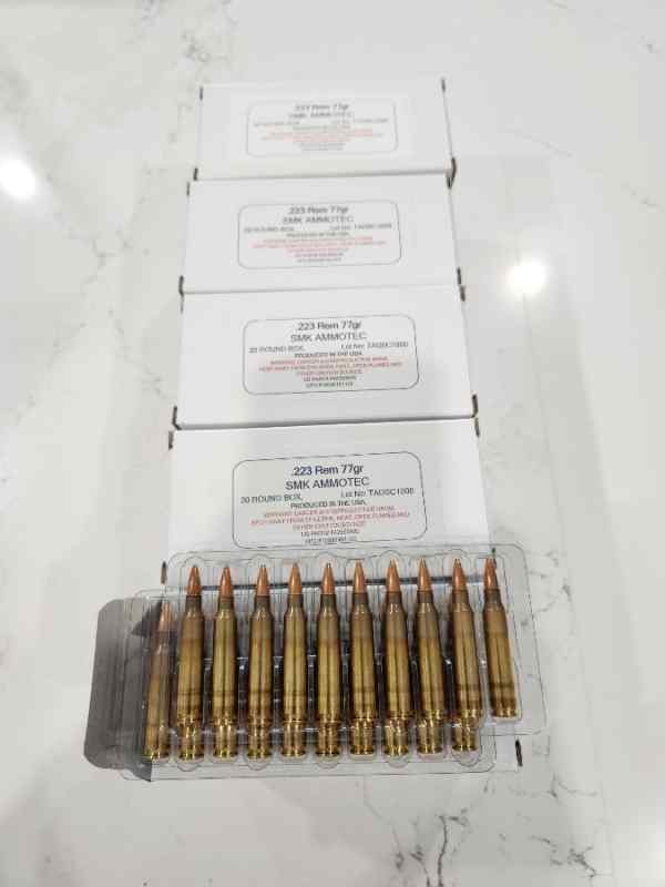 100 Rounds .223 Remington, 77gr, HP, SMK, AMMOTEC