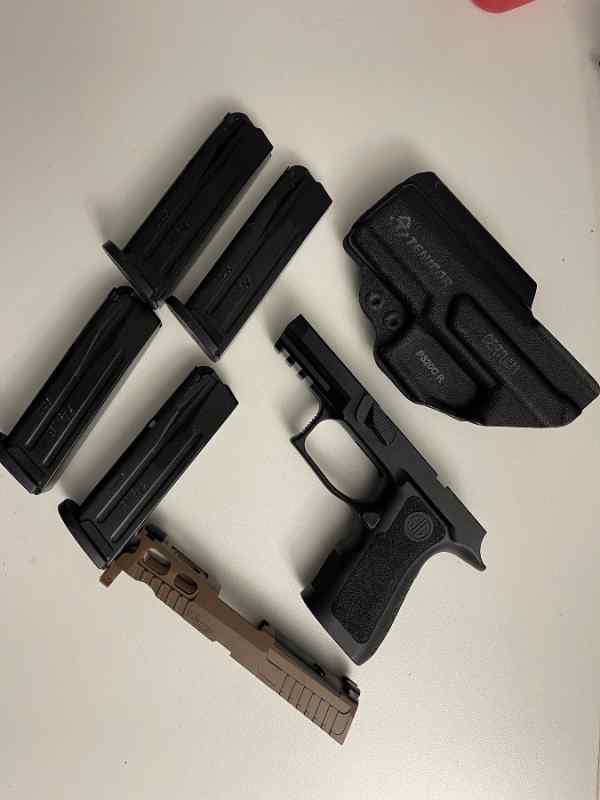 Sig slide, grip, holster, magazines 